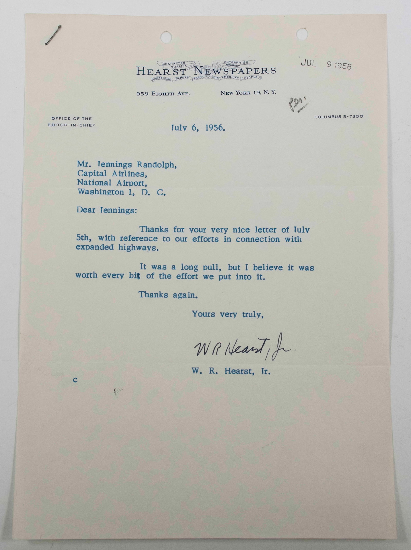 Letter from W.R. Hearst Jr. to Jennings Randolph (1 of 2)