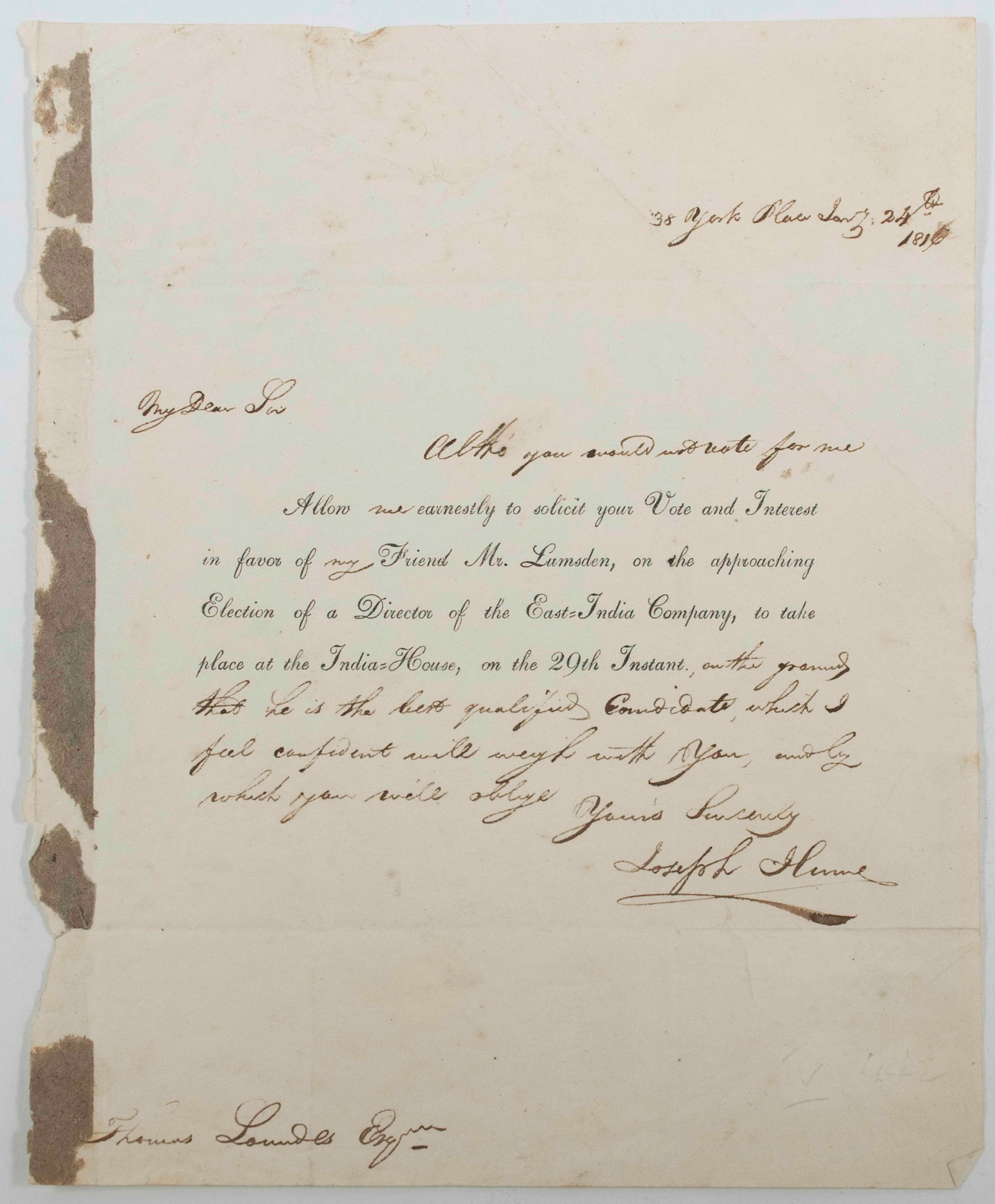1816 Letter Signed Joseph Hume, Scottish Politicia (1 of 4)