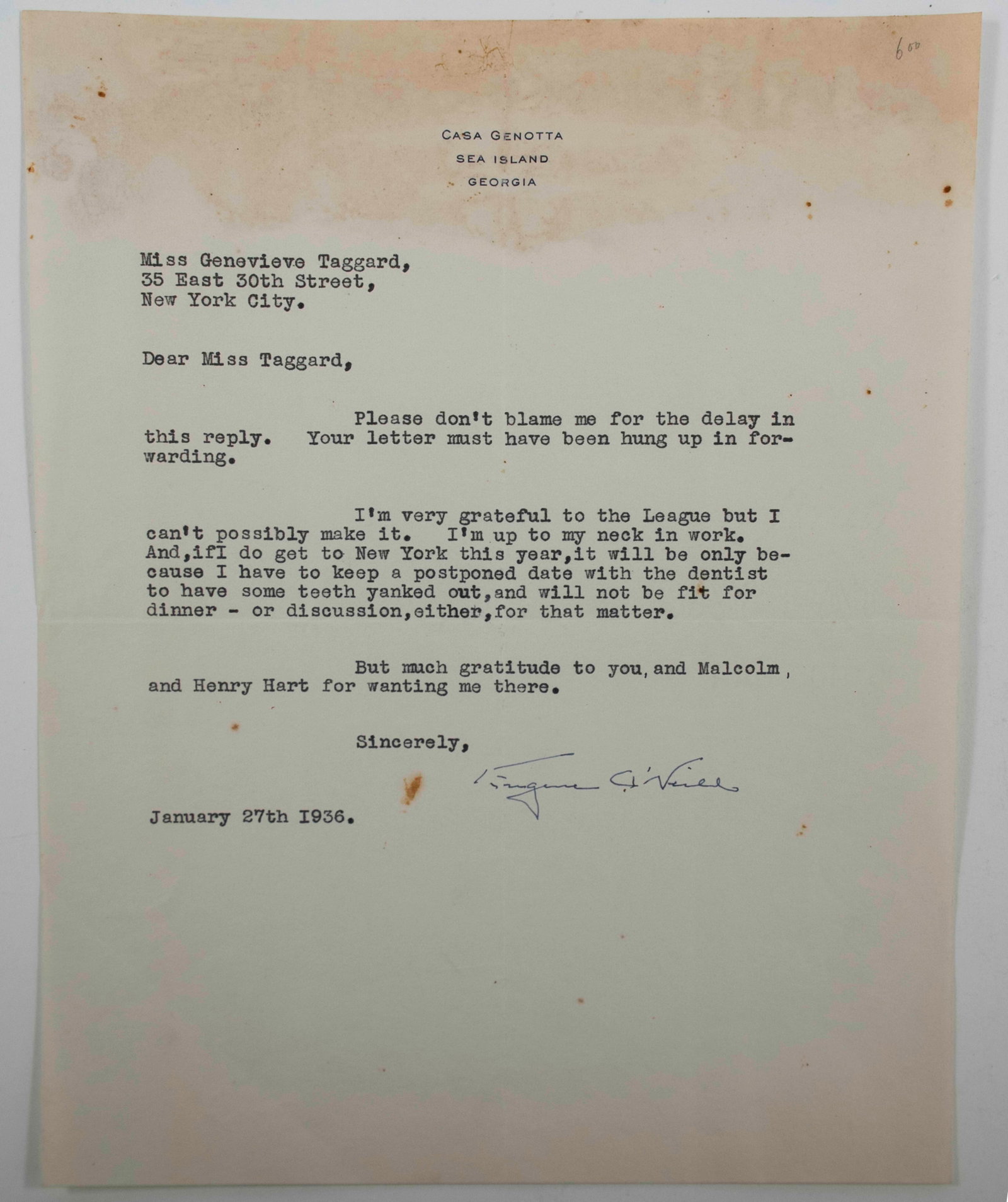 Eugene O'Neill, Signed Typed Letter (1 of 2)