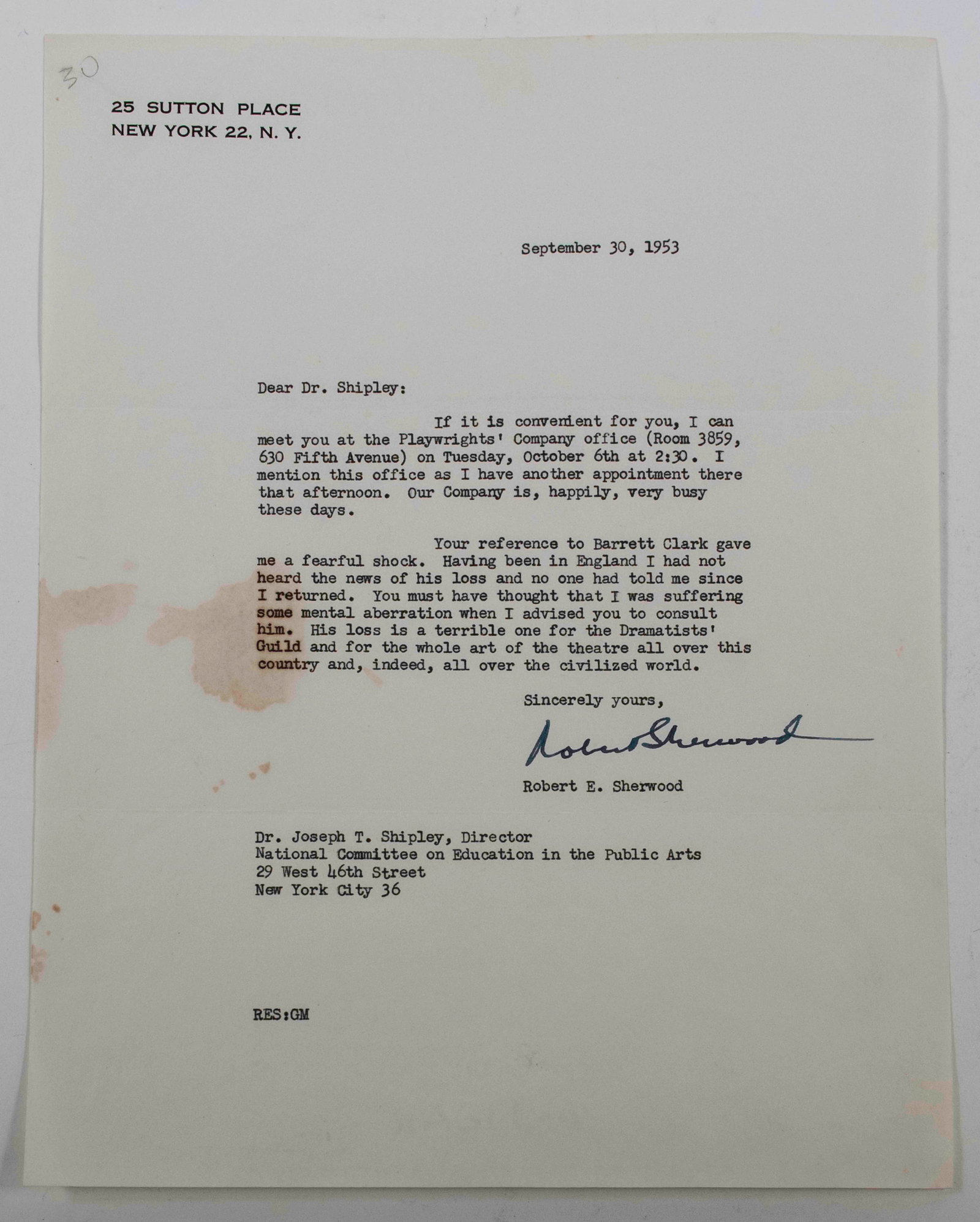Robert E. Sherwood Signed Typed Letter (1 of 2)