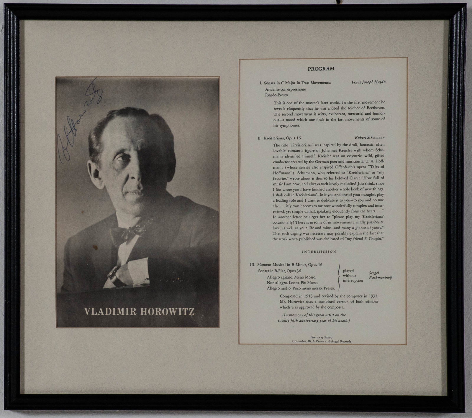 Vladimir Horowitz Signed Program: Qualifies for in-house shipping---8 3/4" x 5 3/4" program cover depicting a black and white portrait of Vladimir Horowitz (1903-1989), Russian and American pianist; signed by Horowitz in blue ink in
