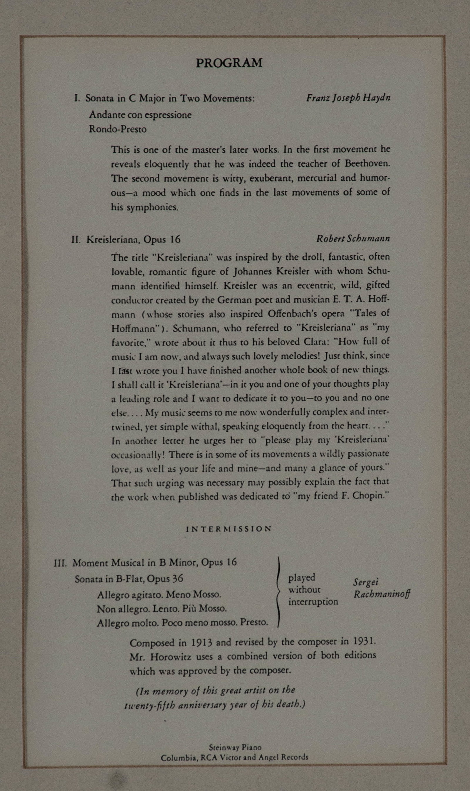 Vladimir Horowitz Signed Program - 3
