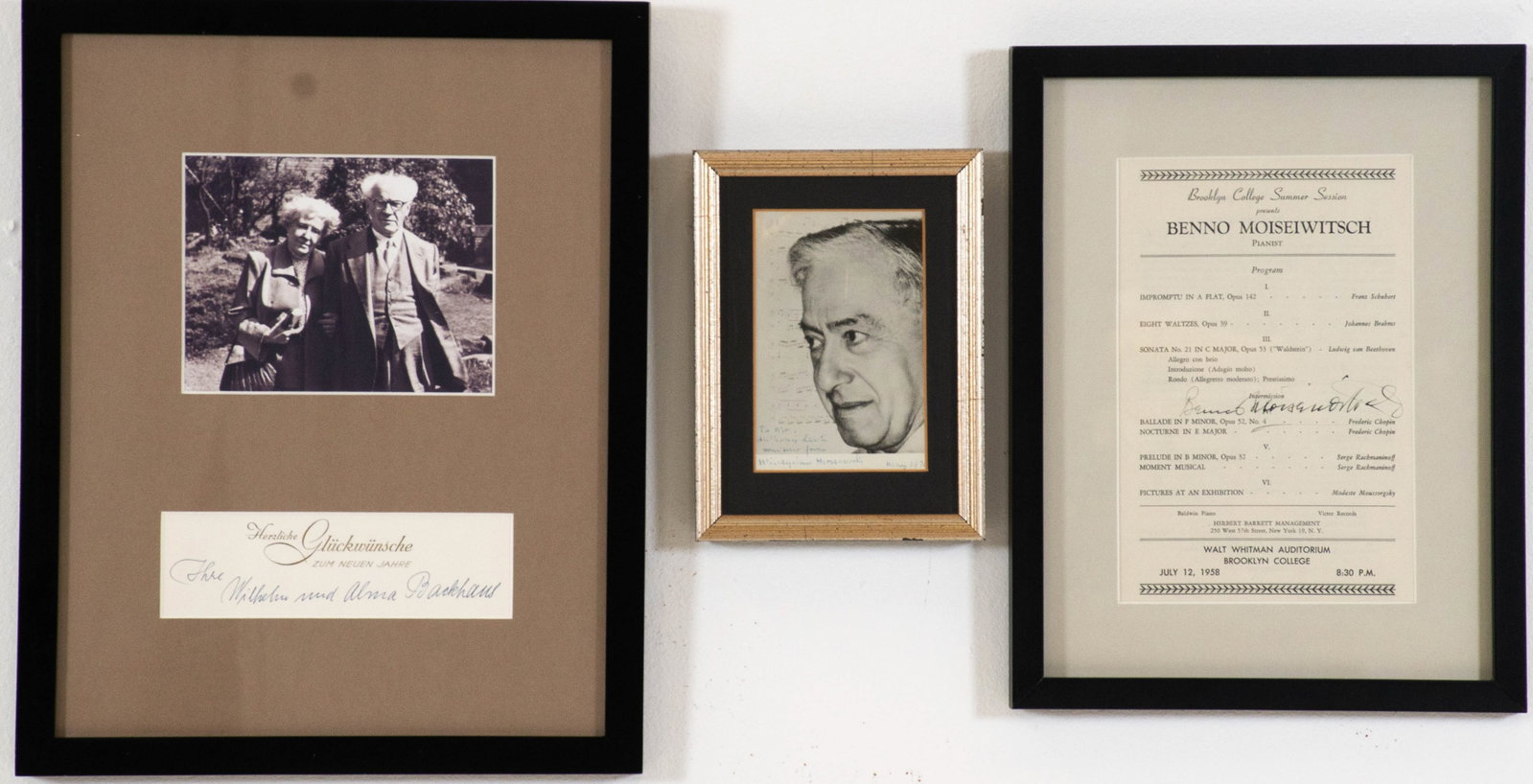 Three Iconic Pianists' Signatures: Qualifies for in-house shipping---1. Black and white photograph of Wilhelm Backhaus (1884-1969), German pianist, and his wife; with signed "Wilhelm and Alma Backhaus" New Year greeting below; matted