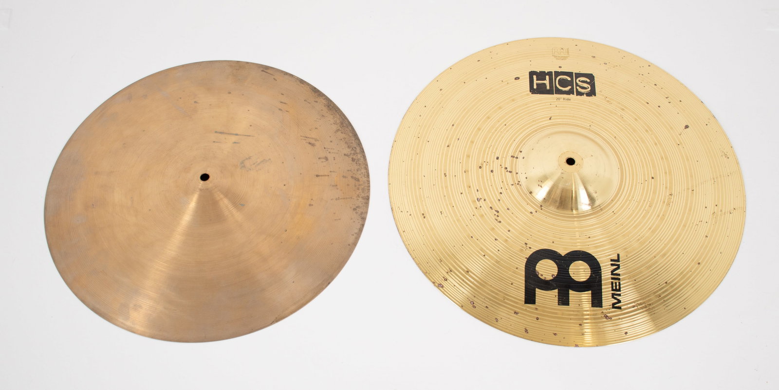 Zilco and Meinl Cymbals: Qualifies for in-house shipping---Zilco by Azco 18" cymbal, stamped "Zilco / By Azco / Canada"---Meinl 22" ride cymbal, stamped "PA Meinl / Made in Germany / Roland Meinl / 150627011 / HCS / 20"