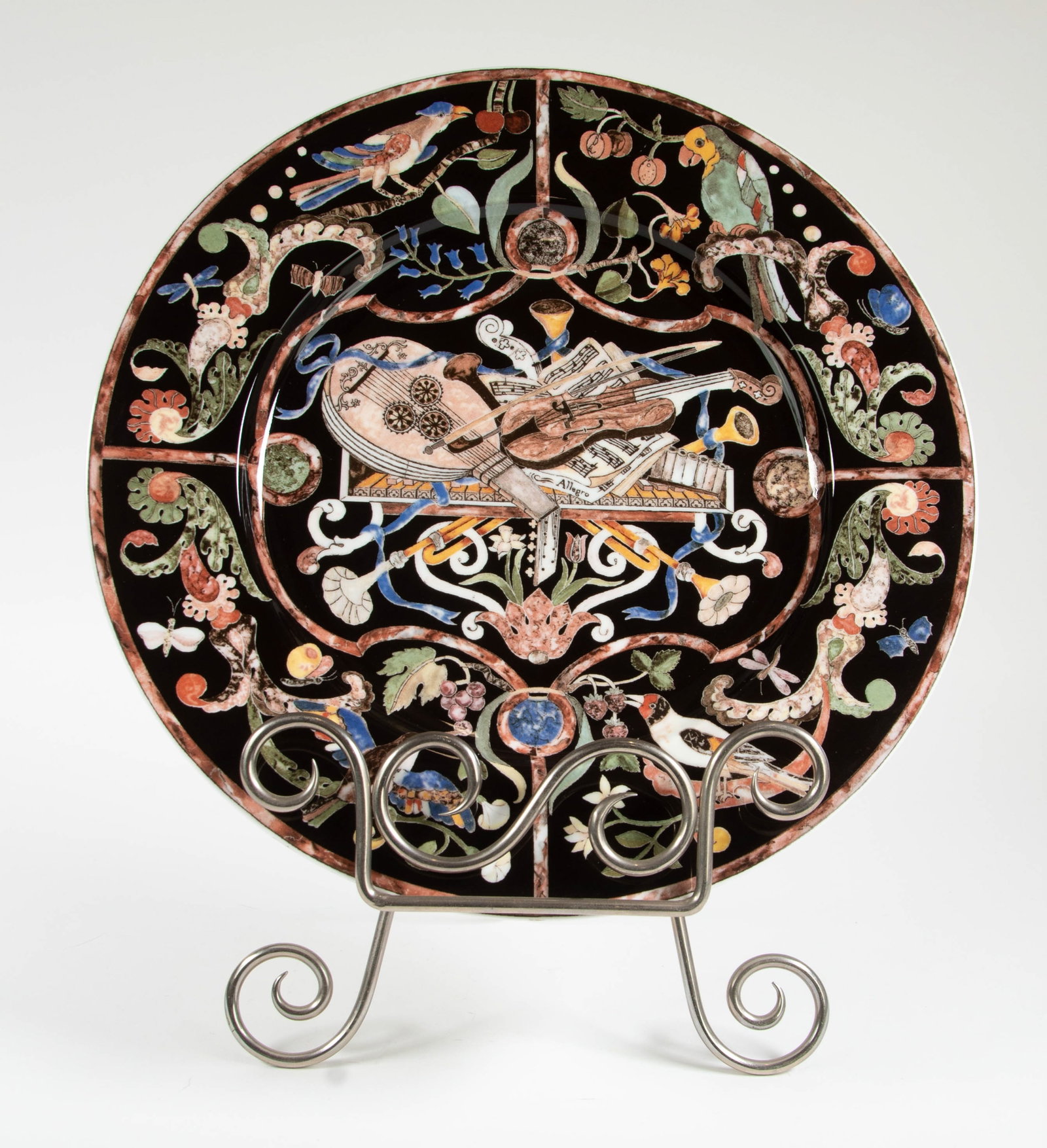 13" Villeroy & Boch "Intarsia" Chop Plate: Qualifies for in-house shipping---Bone china chop plate or round platter made by Villeroy & Boch (Gallo Design) in the Intarsia pattern featuring musical instruments in the center surrounded by
