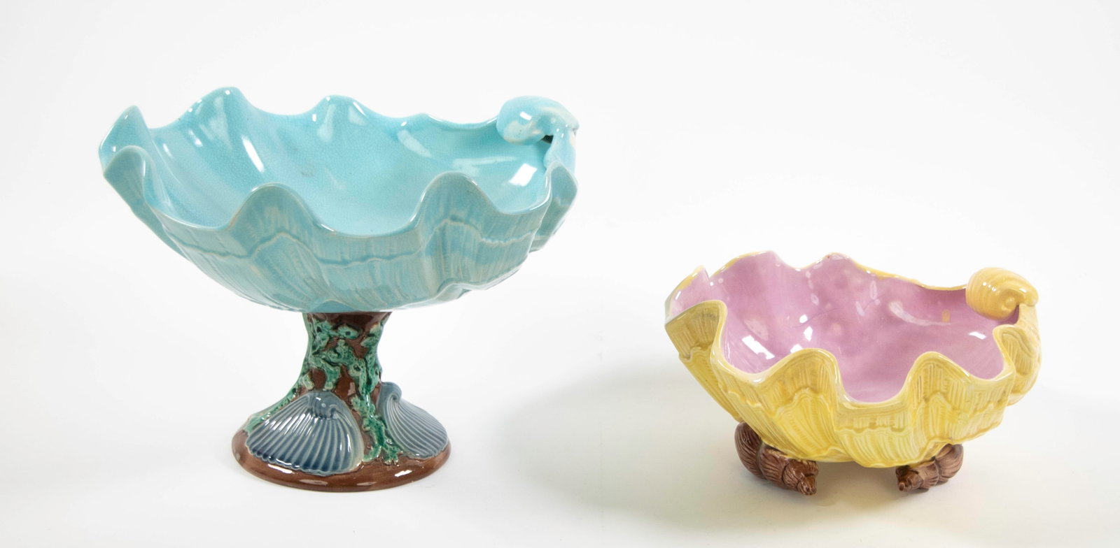 Holdcroft Majolica Shell Compote & Bowl: Qualifies for in-house shipping---England, c. 1880, both unmarked, attributed to Holdcroft: 1. Compote having a deep clam shell turquoise bowl, pedestal base decorated with shells and coral; approx.