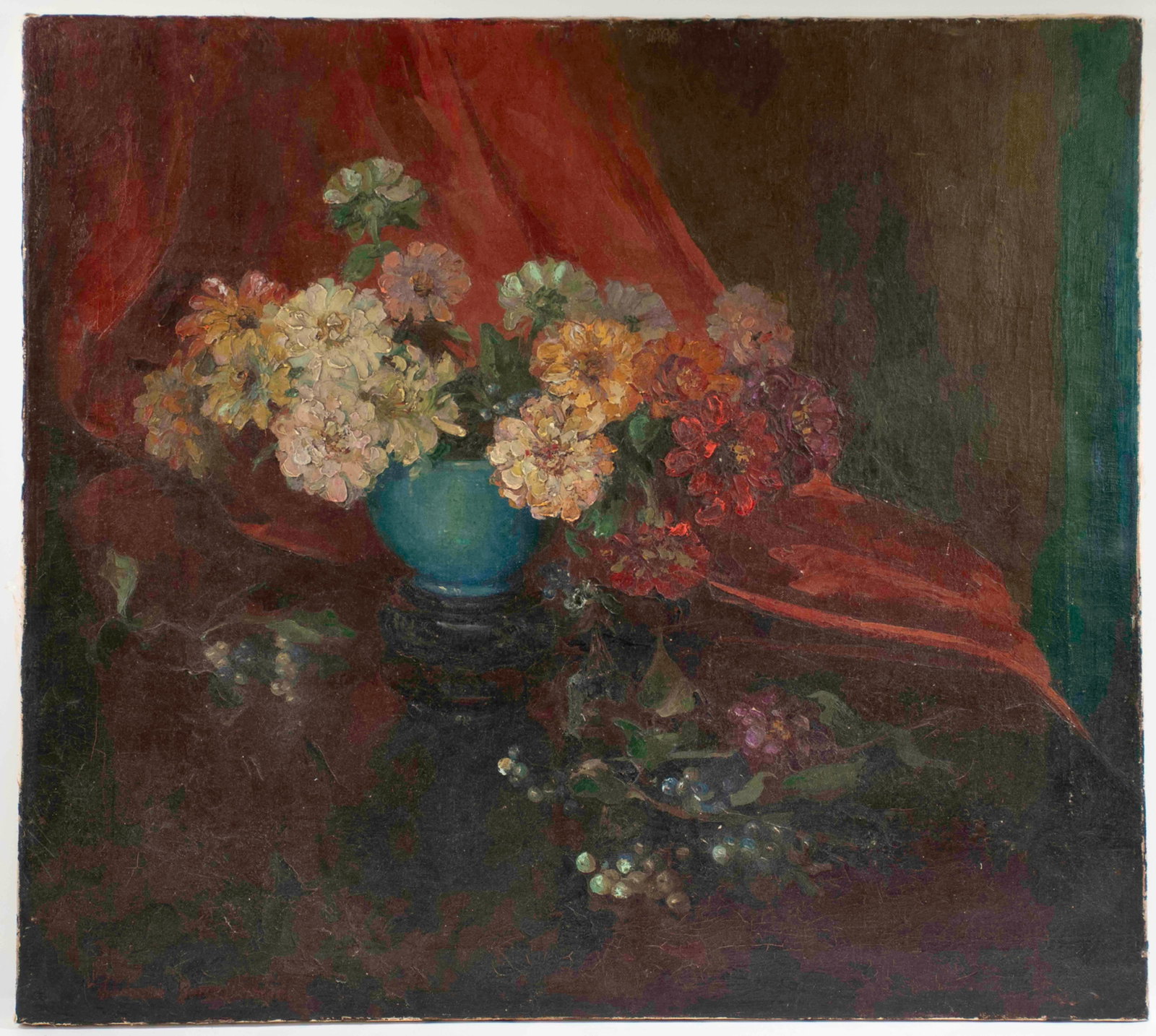 Ella Hergesheimer (American / Tennessee): Qualifies for in-house shipping---Ella Sophonisba Hergesheimer (American, Tennessee, 1873-1943), oil on canvas depicting still life with flowers on a table against a draped cloth, signed lower left,