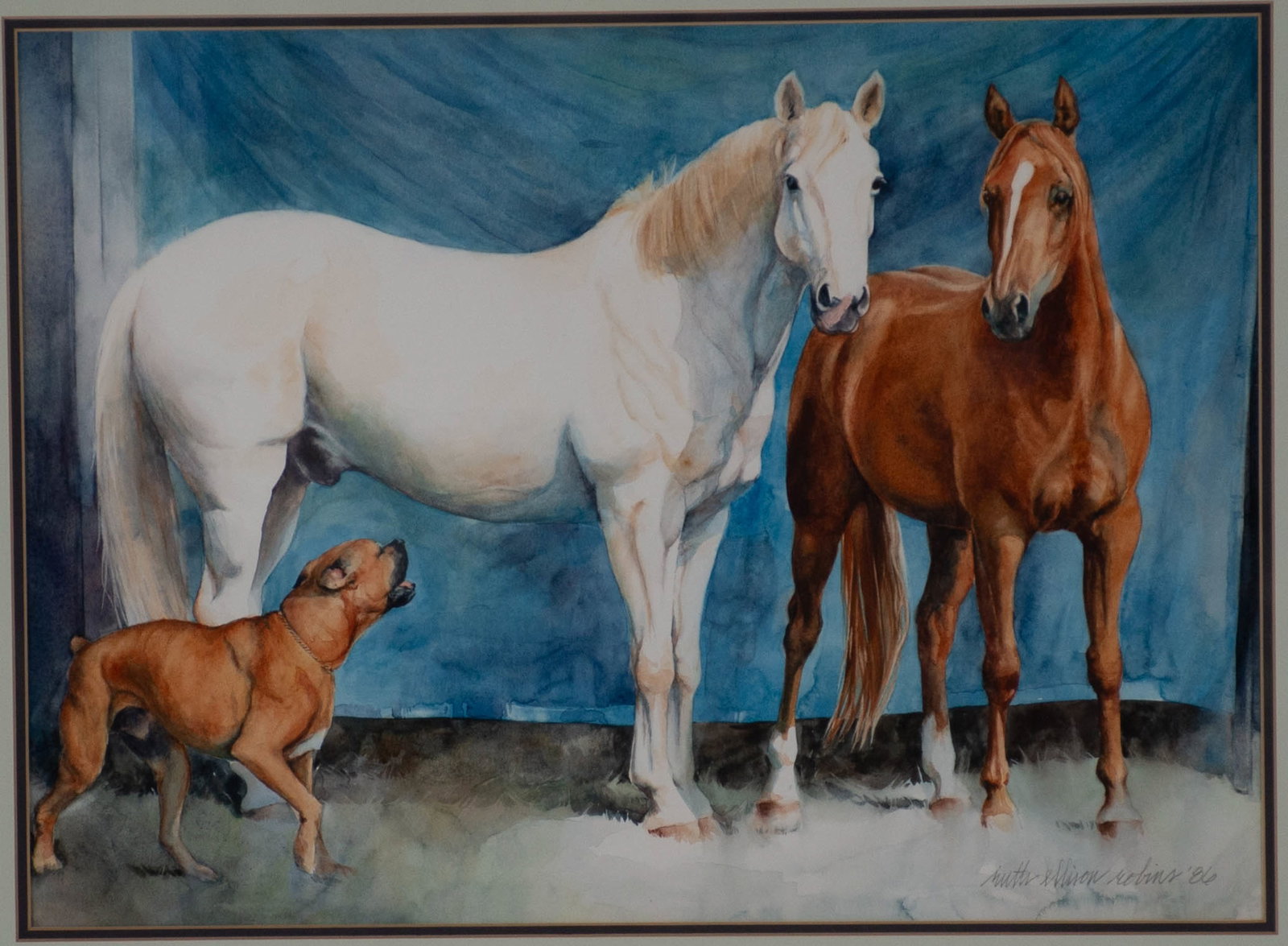 Ruth Ellison Robins (South Carolina) Watercolor: Qualifies for in-house shipping---Depicting three friends--two horses and a boxer; signed lower right "Ruth Ellison Robins '86"; museum mounted for conservation; matted and under glass in wood frame;