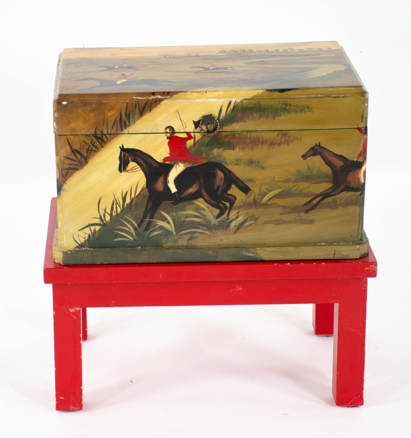 Hand Painted Equestrian Box on Stand: Qualifies for in-house shipping---Hand painted wood box with hinged lid, depicting a fox hunt scene with foxhunters dressed in red jackets and white breeches astride their horses, box sits on a red