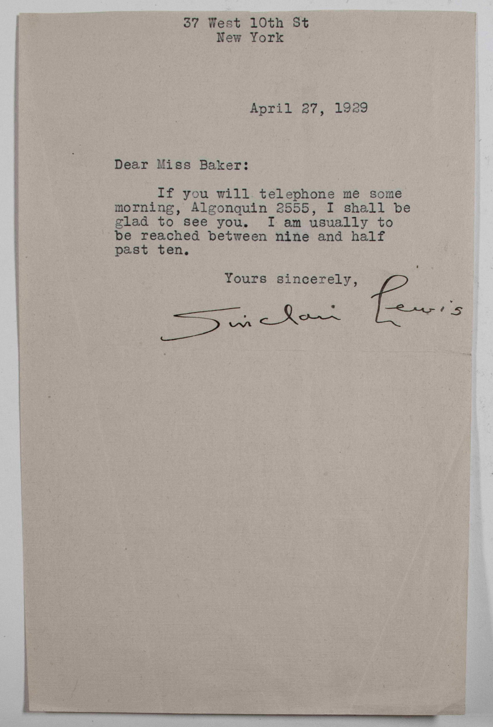 Sinclair Lewis (1885-1951) Signed Letter (1 of 2)