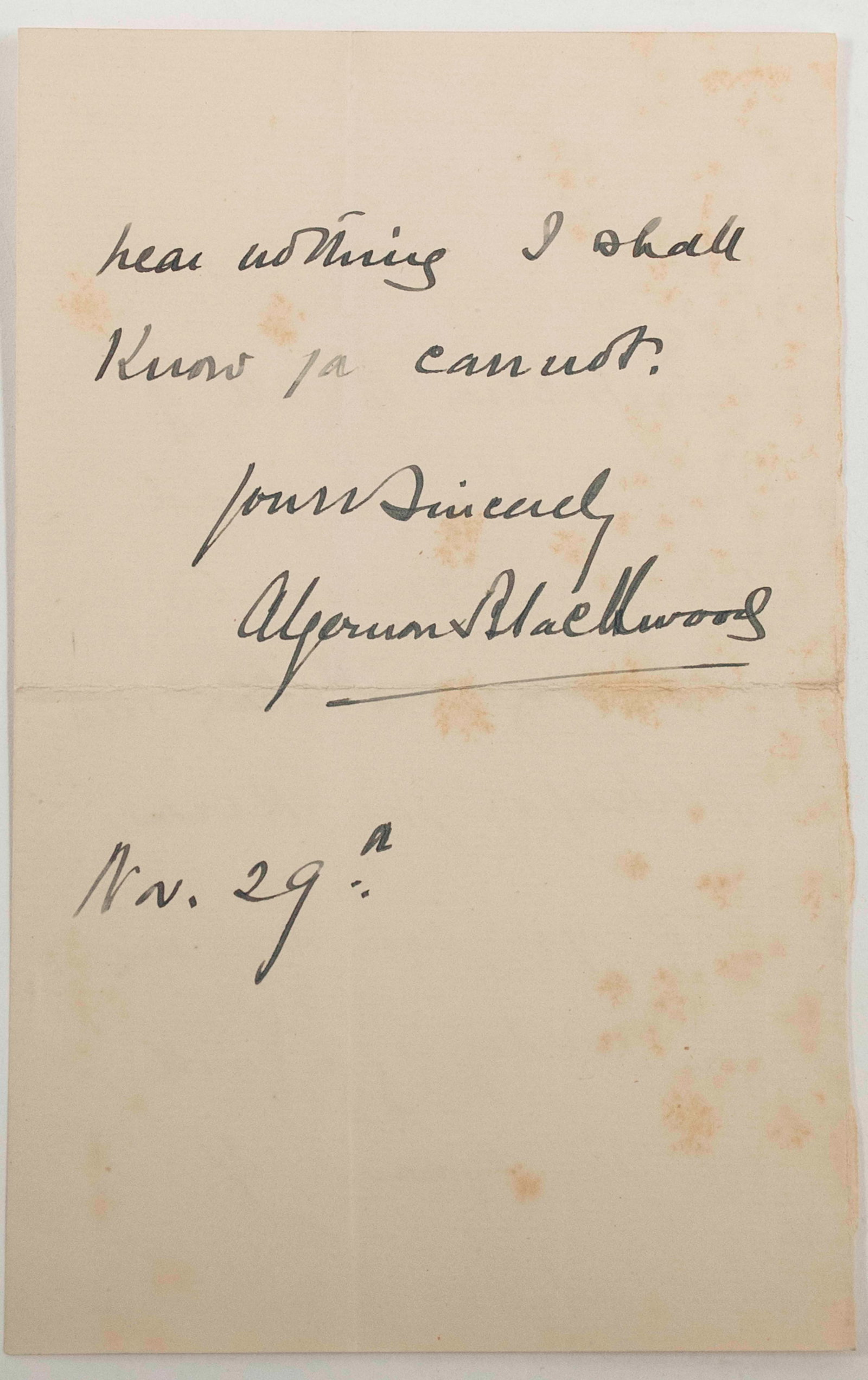 Algernon Blackwood Signed Handwritten Note: Qualifies for in-house shipping---Algernon Blackwood (1869-1951), English broadcasting narrator, journalist, novelist and prolific ghost story writer; 7" x 4 1/2" handwritten note fragment, front and