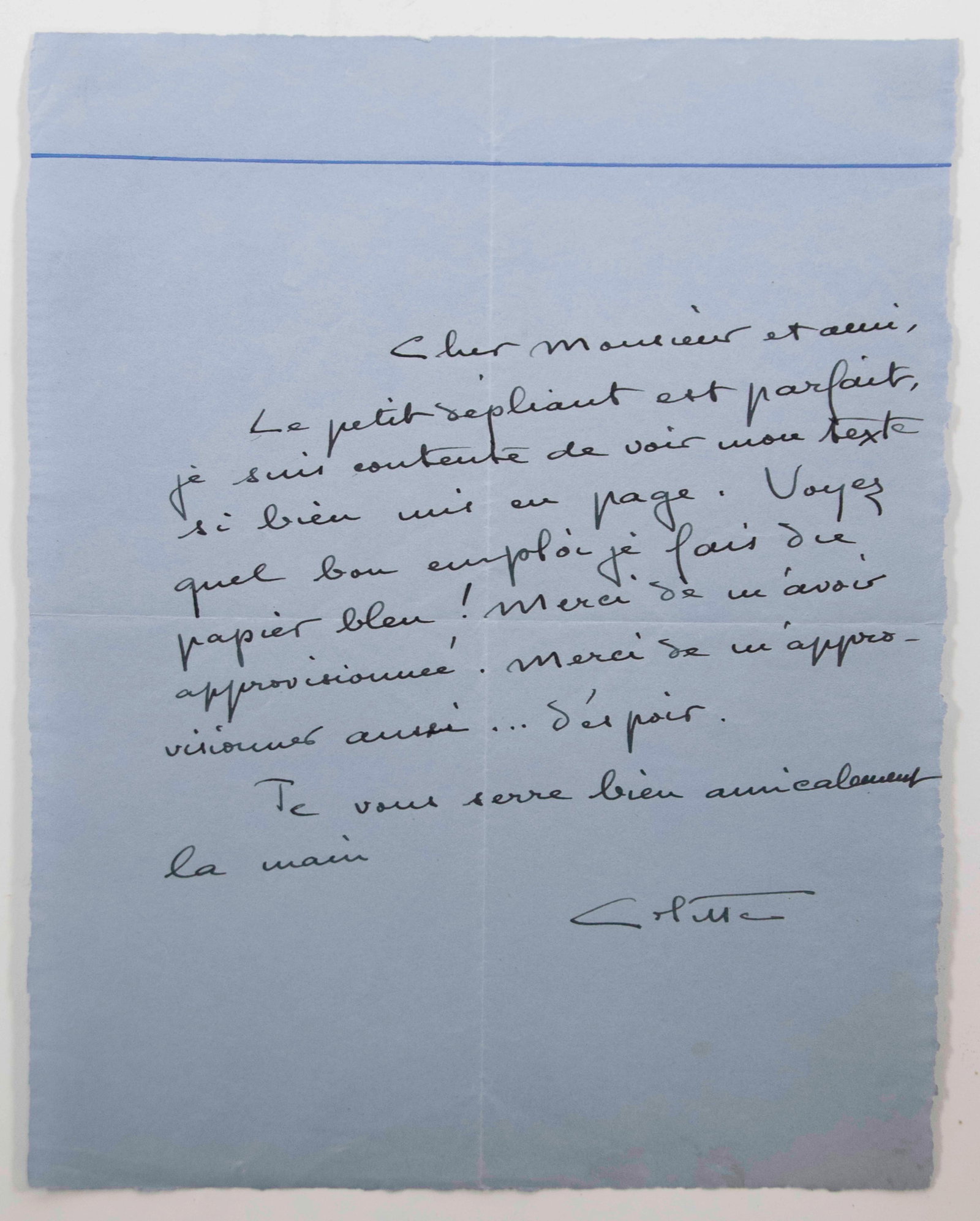 Colette, Sidonie-Gabrielle Handwritten Note: Qualifies for in-house shipping---Sidonie-Gabrielle Colette (1873-1954) known simply as "Colette", French author best known for 1944 novella "Gigi", handwritten note in French on blue paper