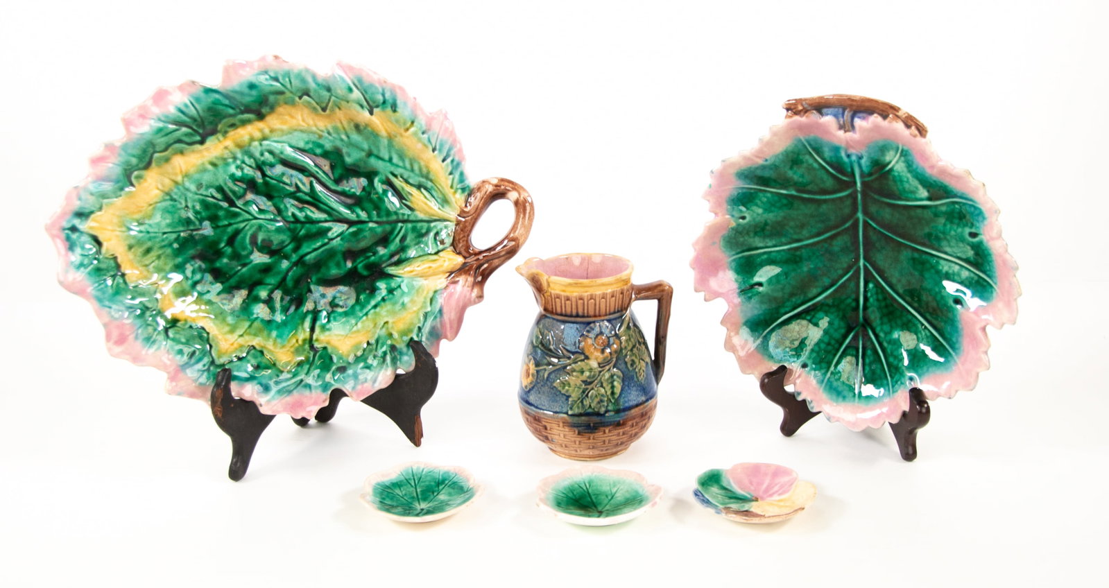 Am. Majolica Etruscan Leaf, Butter Pats: Qualifies for in-house shipping---c. 1879-90, all marked on underside for Griffen, Smith & Hill, Phoenixville, PA; six pieces, including: 1. Oak leaf bread tray, shape no. C12; 12 1/4" x 9 1/4", 2 1/4