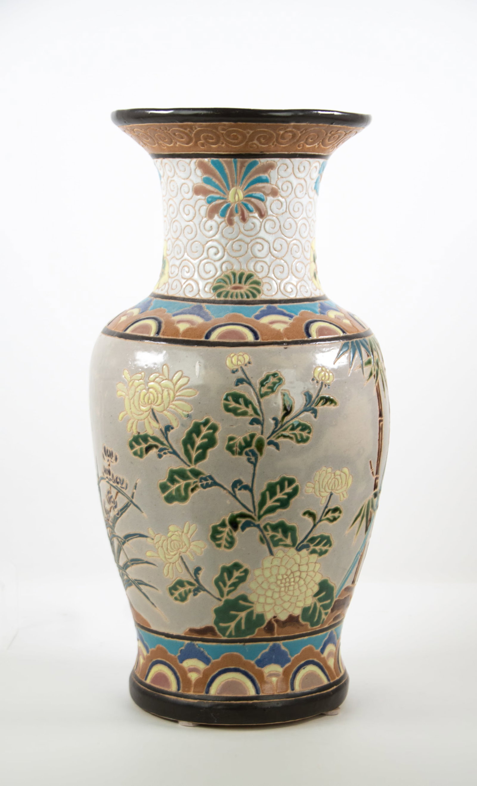 Large Chinese "Four Gentlemen" Vase: Qualifies for in-house shipping---Late 20th century; baluster form vase having incised and painted decoration overall; body decorated with plum blossoms, bamboo, chrysanthemums, and orchids; approx. 2