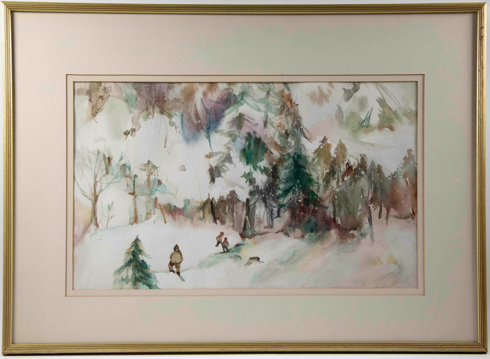 Irene Sylvester (American, 20th/21st C.): Qualifies for in-house shipping---Watercolor on paper; snow covered winter landscape with pine trees and figures traipsing through the snow; signed in trees lower right "i. Sylvester"; verso with