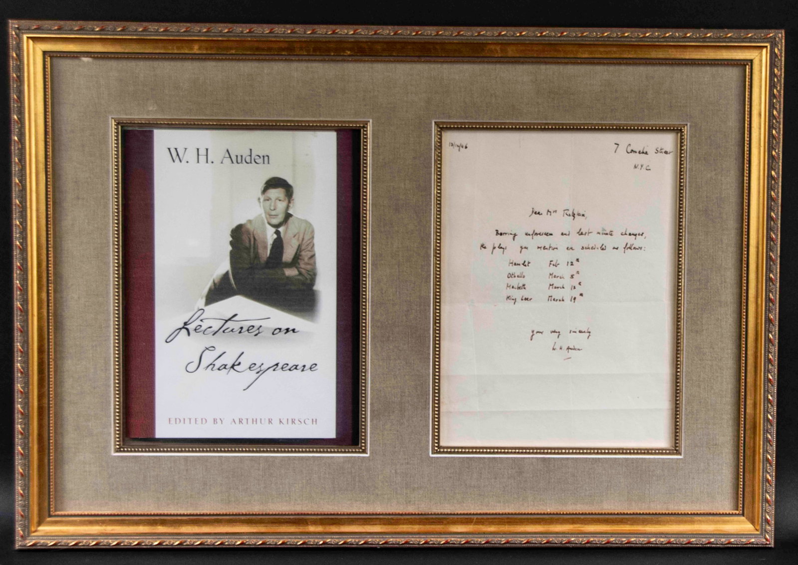 W. H. Auden, Framed Letter w/ Signature: Qualifies for in-house shipping---Framed letter written and signed by W. H. Auden (Anglo-American, 1907-1973); dated December 13, 1946, and detailing the dates of upcoming lectures regarding Shakespea