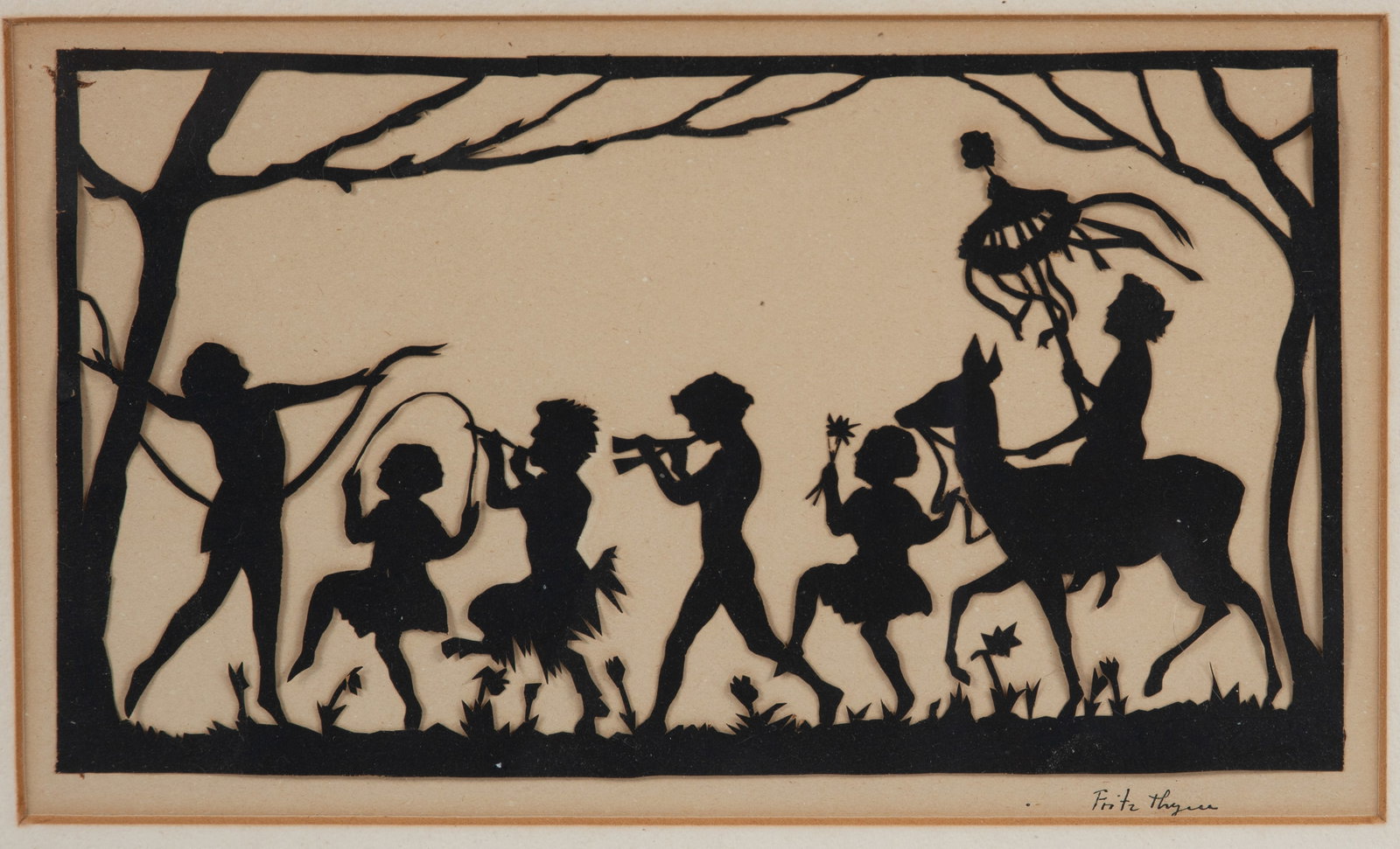 German Scherenschnitte: Qualifies for in-house shipping---Cut out of black paper and depicting six children marching and dancing through a forest setting; two playing musical instruments, one jumping rope, two dancing, and