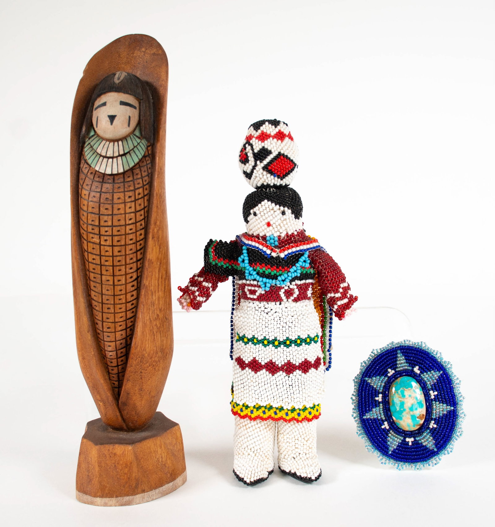 G. Honawa Hopi Corn Maiden Doll, Other Nat. Amer.: Qualifies for in-house shipping---Three pieces of Native American art, all probably late 20th century: 1. Hopi Kachina Corn Maiden doll, hand carved and painted cottonwood, signed on base "G. Honawa"