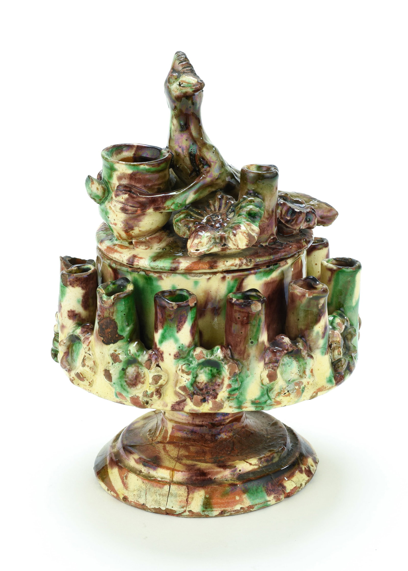 Turkish Canakkale Pottery Tobacco Jar & Matchsafe: Qualifies for in-house shipping---19th century; full-figure bird finial on lid holding a match holder, lid lifts for tobacco storage, perimeter of jar with eleven hollow cylinders for holding