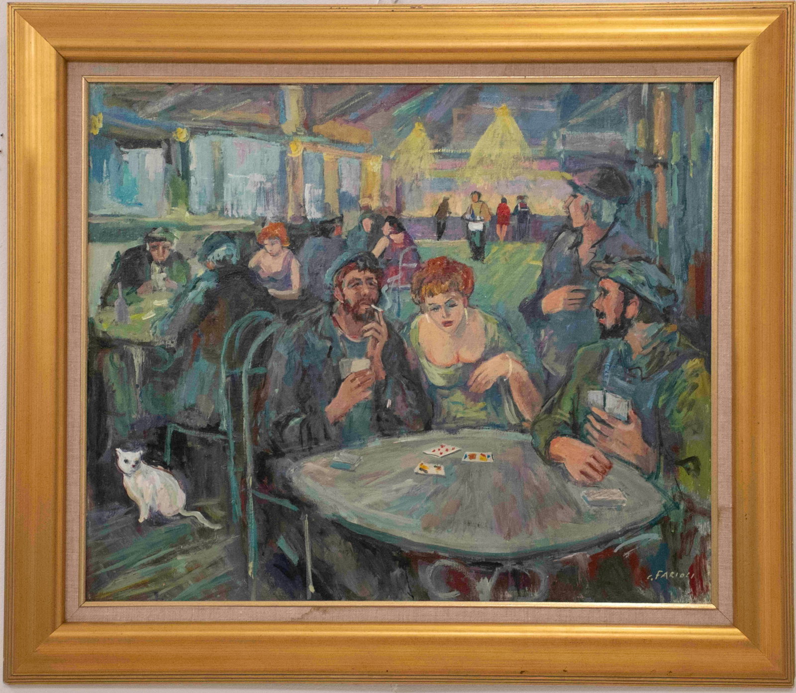 Carlo Farioli (Italian, b. 1931): Qualifies for in-house shipping---Oil on canvas board depicting a large room with men and women sitting at tables playing cards, other figures standing at bar in background, white cat in foreground,
