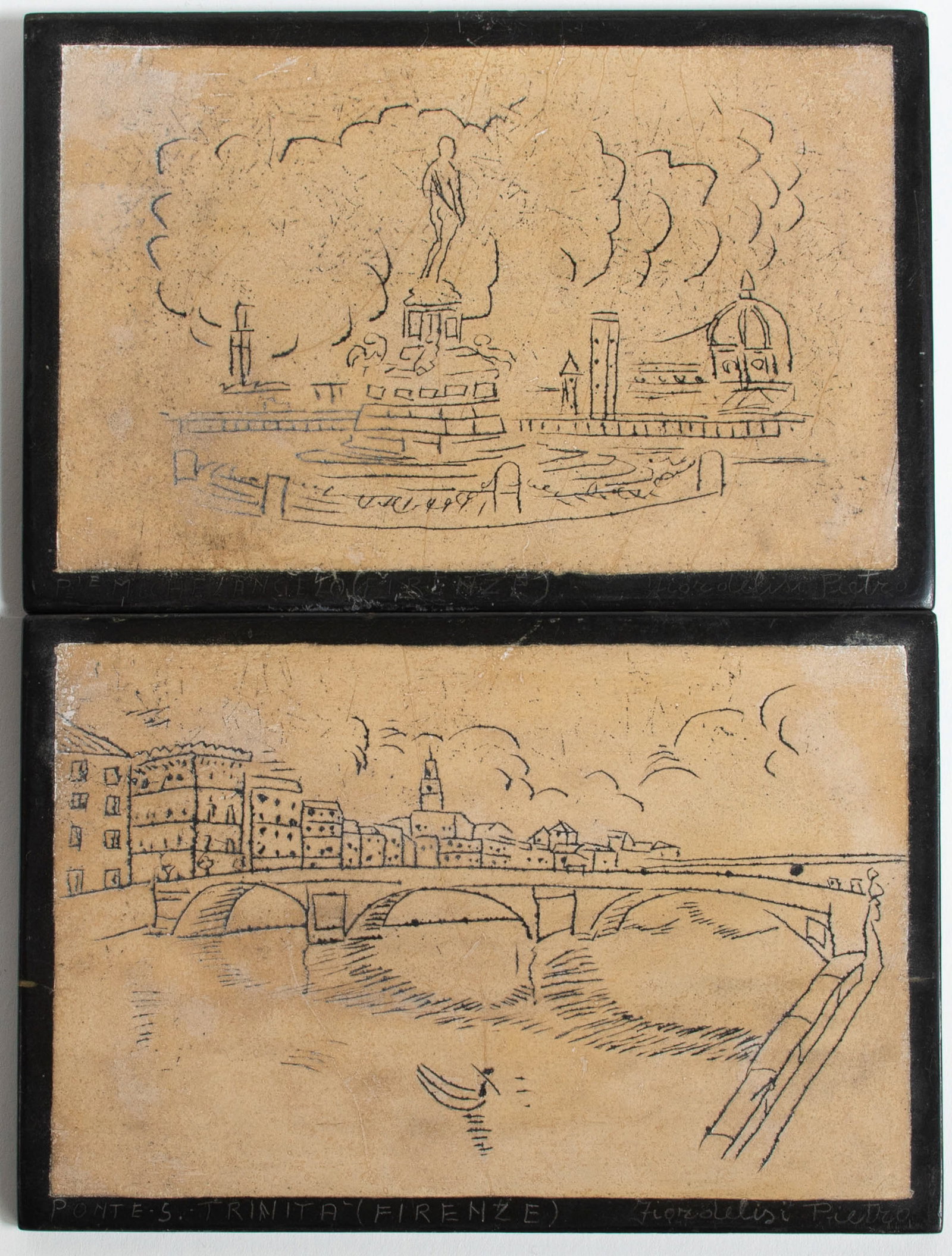 Pr. Florence, Italy, Sgraffito Slate Plaques: Qualifies for in-house shipping---Pair of slate plaques, each decorated with sgraffito image of site in Florence, Italy; each signed "Pietro Fiordelisi"; mid 20th century; each approx. 4"H, 6"W: 1.