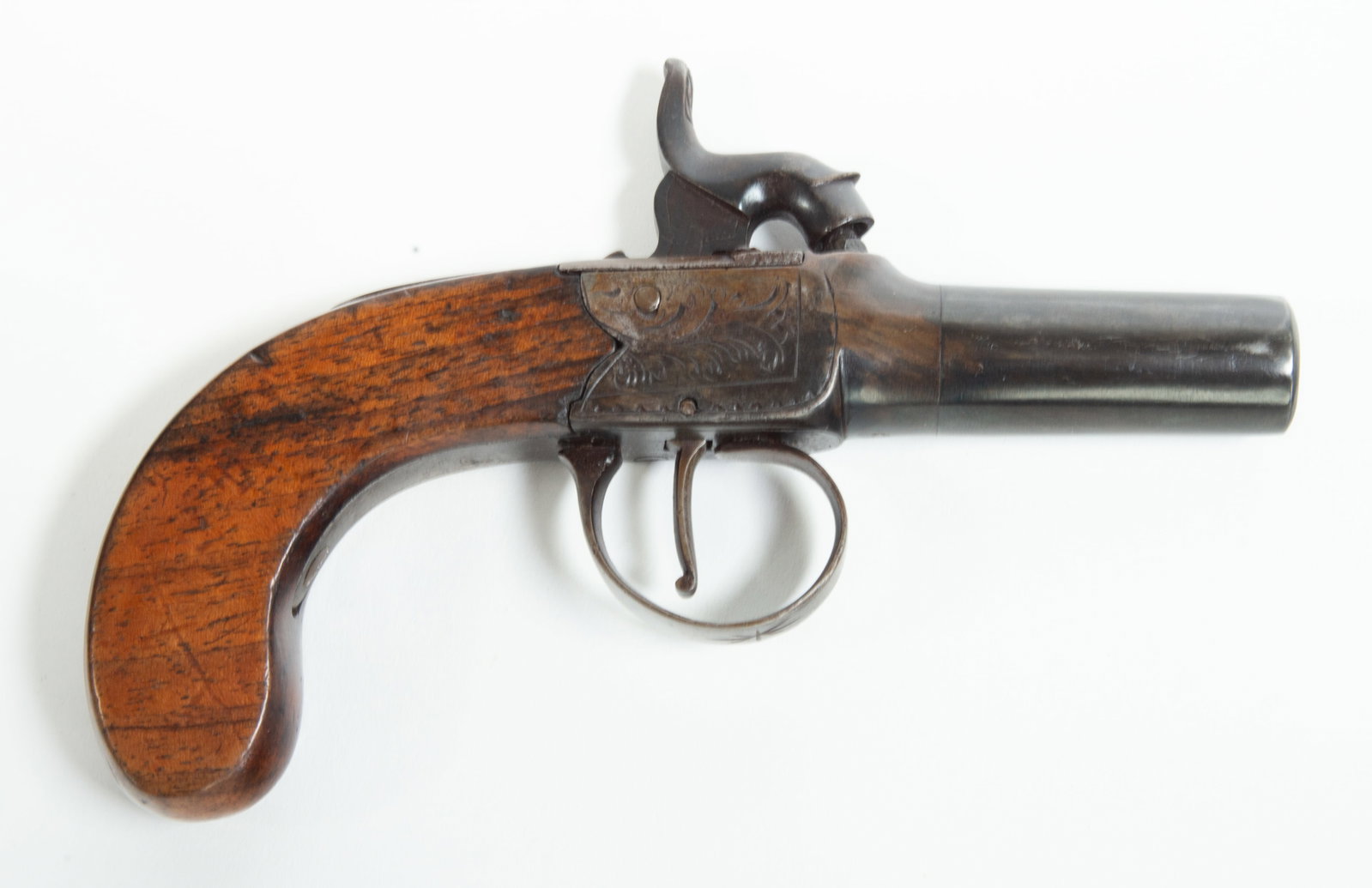 19th C. British Cap and Ball Percussion Pistol: Qualifies for in-house shipping---Barrel with British proof mark specifically associated with the Birmingham Proof House depicting crossed scepters with letters "B", "P" and "C" and a crown above,