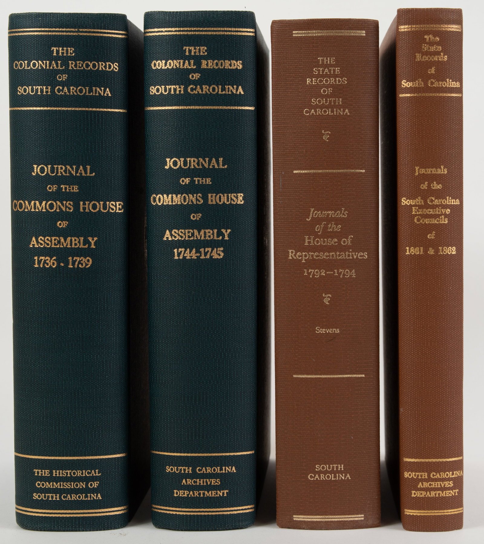 South Carolina Books-The Colonial & State Records: Lot of four books related to South Carolina, each having gilt lettering on spine and a gilt state seal on the front cover, including: "The Colonial Records of South Carolina, Series 1 The Journal of t