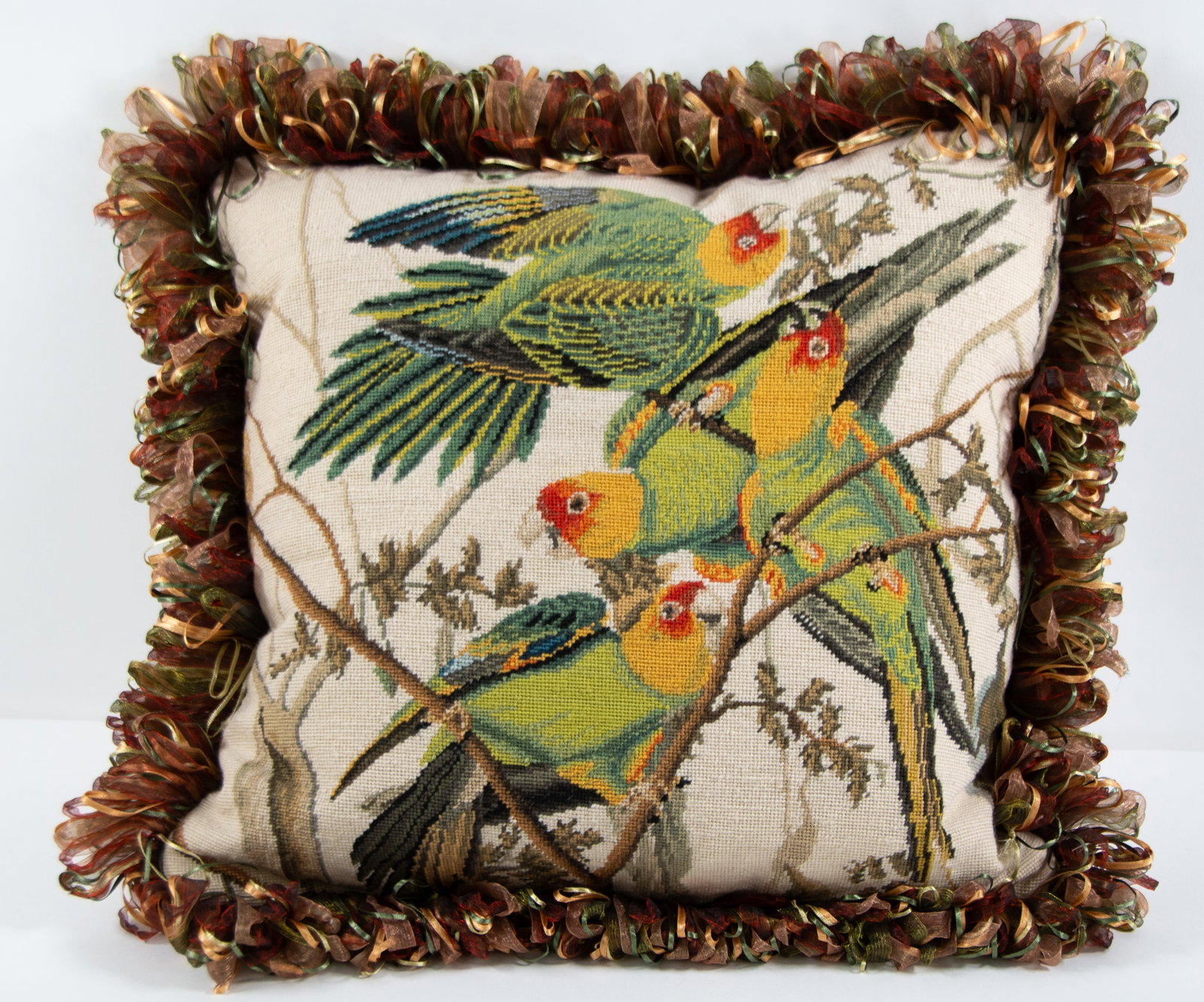 Audubon Carolina Parrot Needlepoint Pillow: Qualifies for in-house shipping---Wool needlepoint pillow "Carolina Parrots" after the original painting by John James Audubon, cotton velvet zippered back, multicolored decorative ribbon edge trim, d