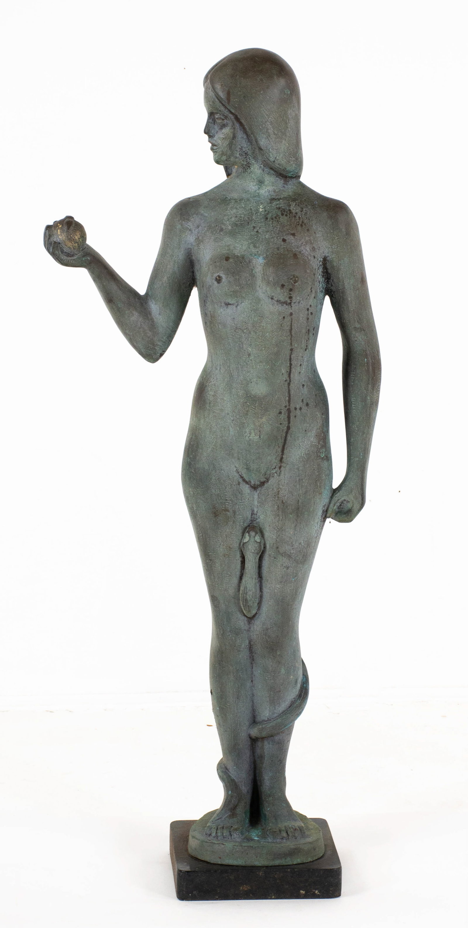 Bronze Sculpture of Eve with Apple and Serpent: Qualifies for in-house shipping---Green-patinated bronze sculpture of Eve holding an apple in one hand with serpent wound around legs, mounted on square base; 36"H, 14"W---From the estate of Dr. Antho