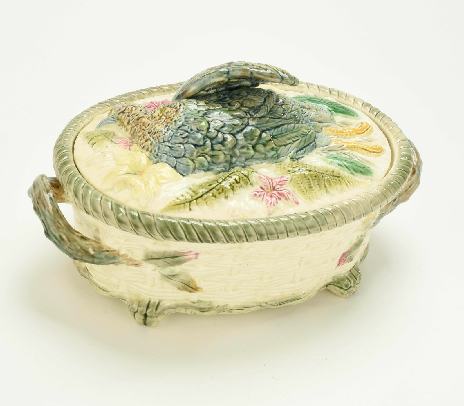 3-Piece Majolica Game Dish: Qualifies for in-house shipping---England or Continental, 19th century, in the manner of Minton, oval game dish molded to resemble a woven basket and with branch form handles termianting in relief-mol