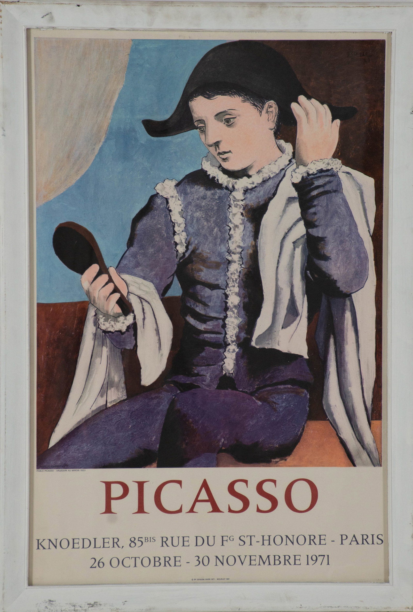 1971 Picasso, Knoedler Gallery, Paris, Poster: Qualifies for in-house shipping---Framed poster advertising an exhibition of Pablo Picasso's artwork at the Knoedler Gallery in Paris from October 26 - November 30, 1971; poster features "Harlequin wi