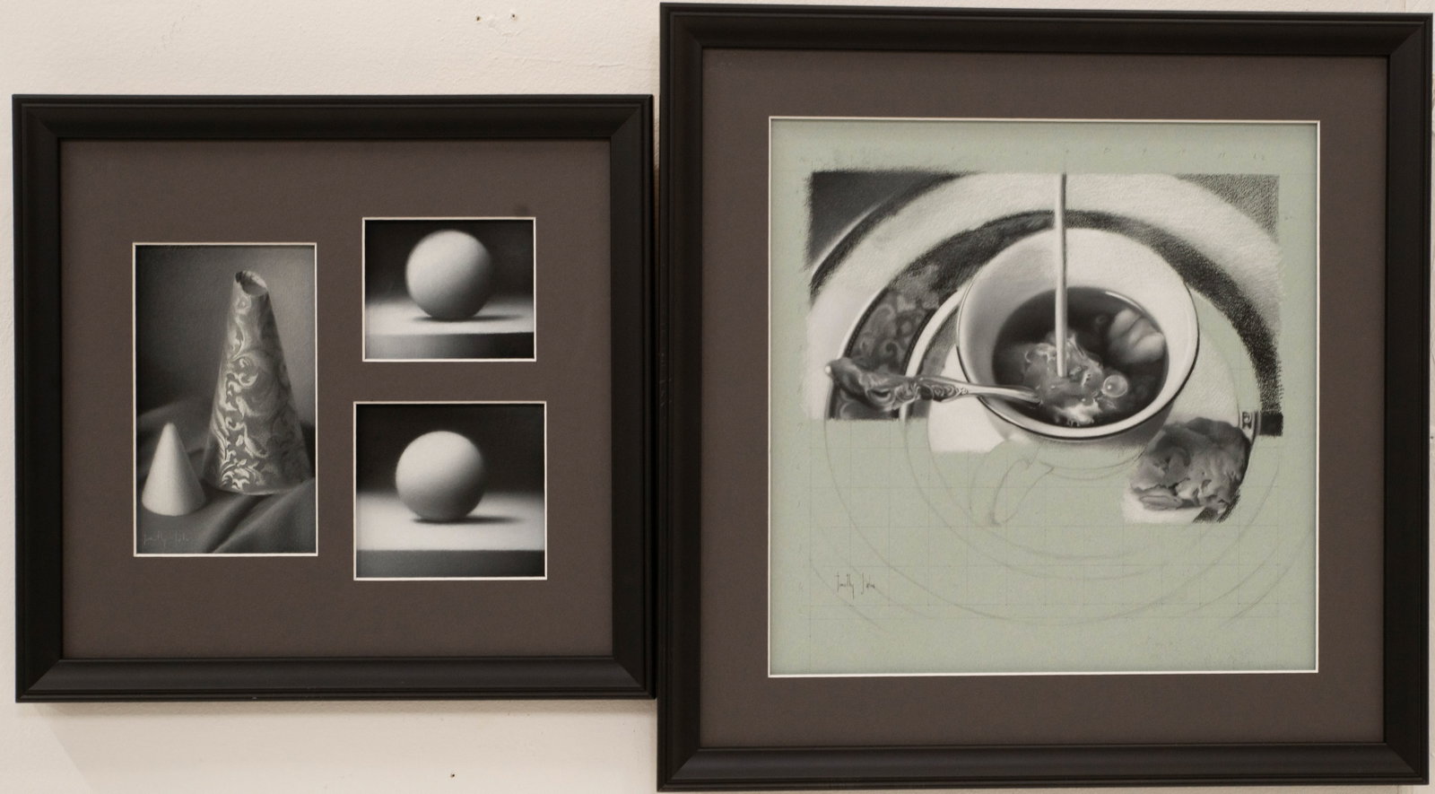 Timothy W. Jahn (American, b. 1977): Qualifies for in-house shipping---Charcoals on paper, each professionally matted and under glass in black wood frames: 1. Depicting cream pouring into a cup of coffee, signed lower left "Timothy Jahn"