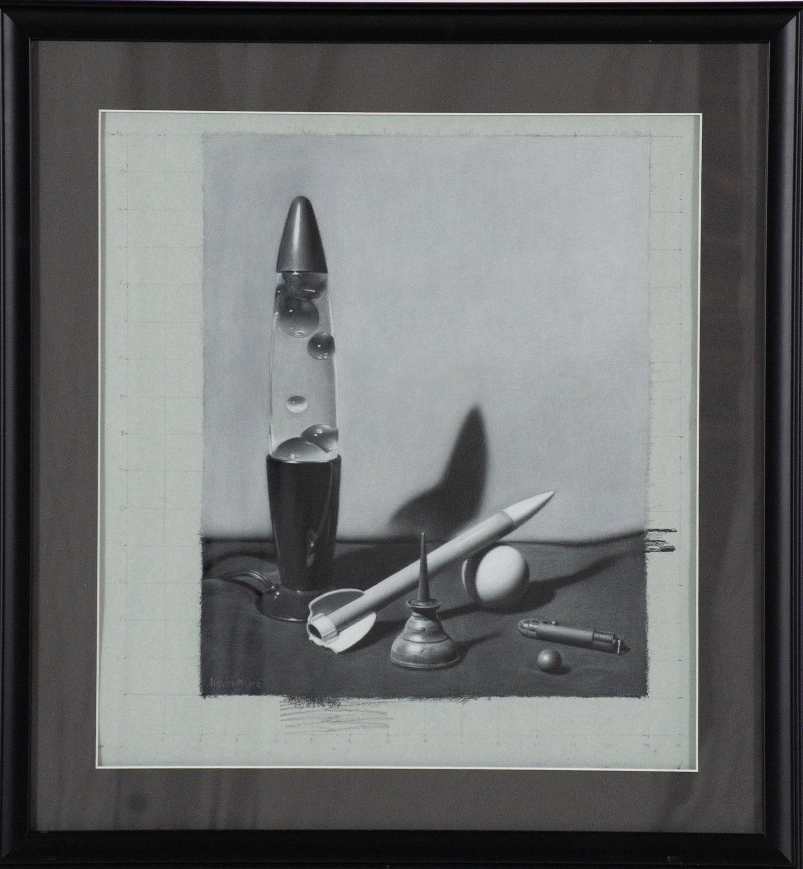 Kevin A. Moore (American, b. 1989): Qualifies for in-house shipping---Charcoal on paper, still life of interesting objects, signed lower left "Kevin Moore", professionally matted and under glass in black wood frame; sight 17 1/4" x 16";