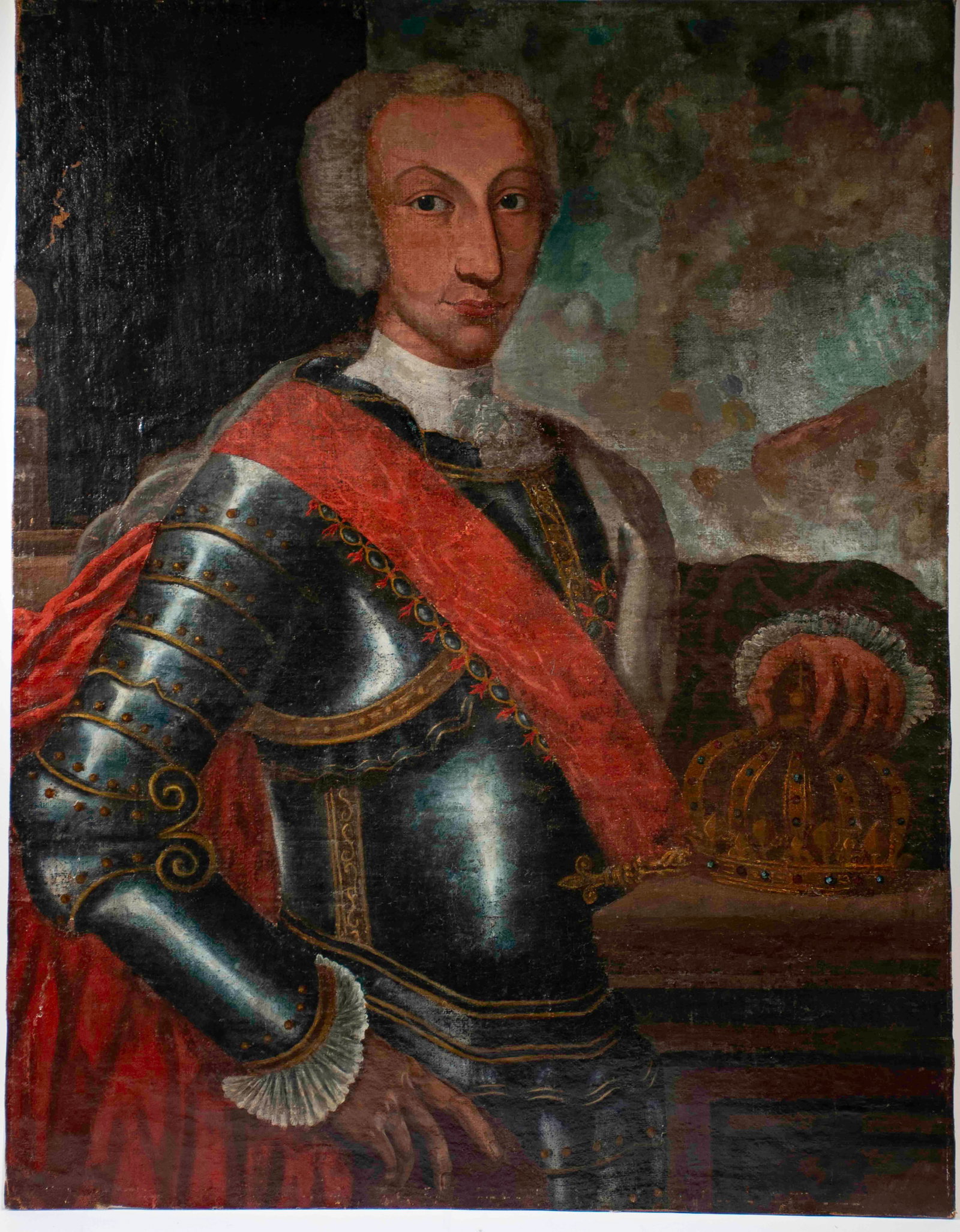 Poss. 18th C. Portrait King Charles III of Spain: Qualifies for in-house shipping---Oil on canvas portrait of King Charles III of Spain; 18th / 19th century; relined and mounted to fiberboard, repair to lower right corner with other scattered repairs