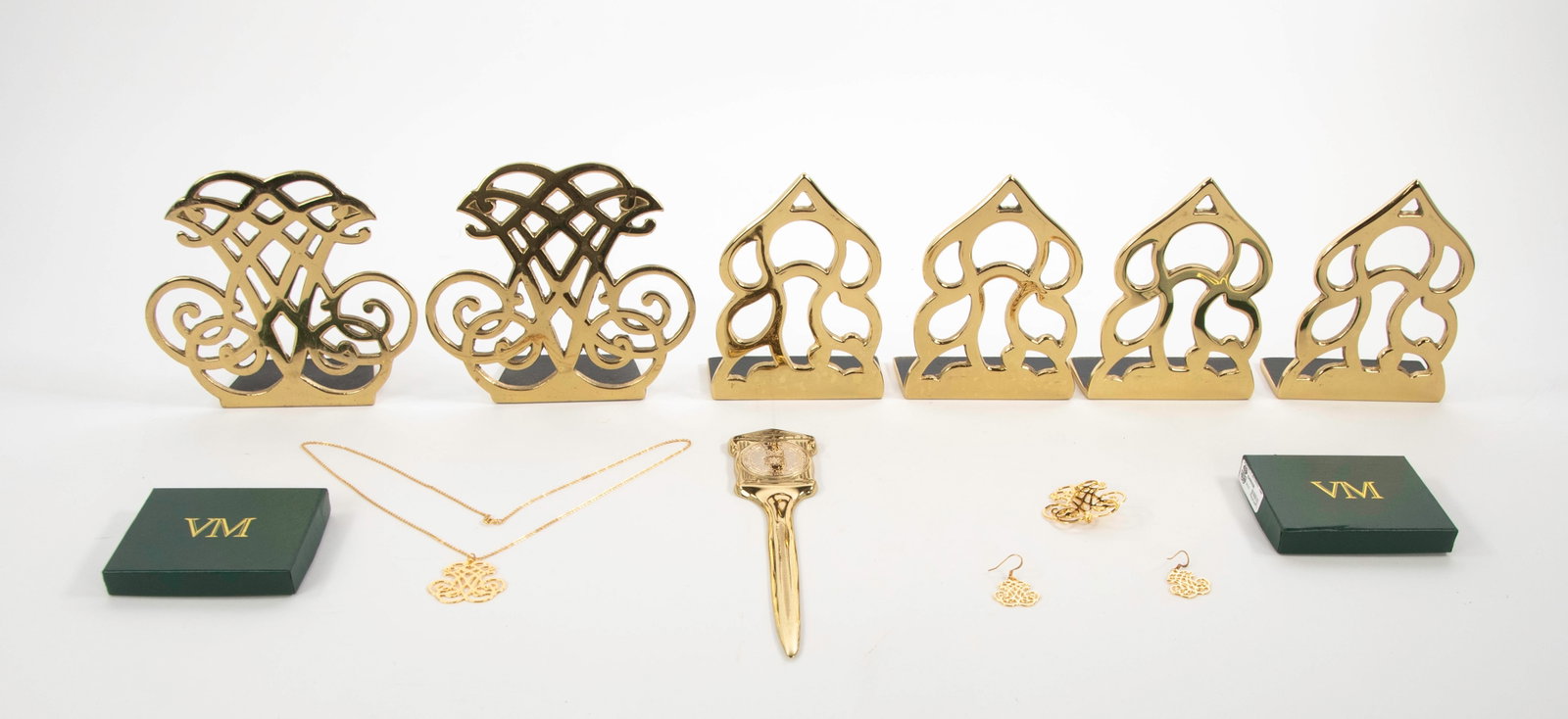 Virginia Metalcrafters Jewelry & Brass Bookends: Qualifies for in-house shipping---Three pieces of Thomas Jefferson Cypher jewelry comprising: Pair of pierced earrings, 1 3/8"L, 7/8"W, in original gift box; 1 1/2"H x 1 1/2"W pendant on 23"L chain,