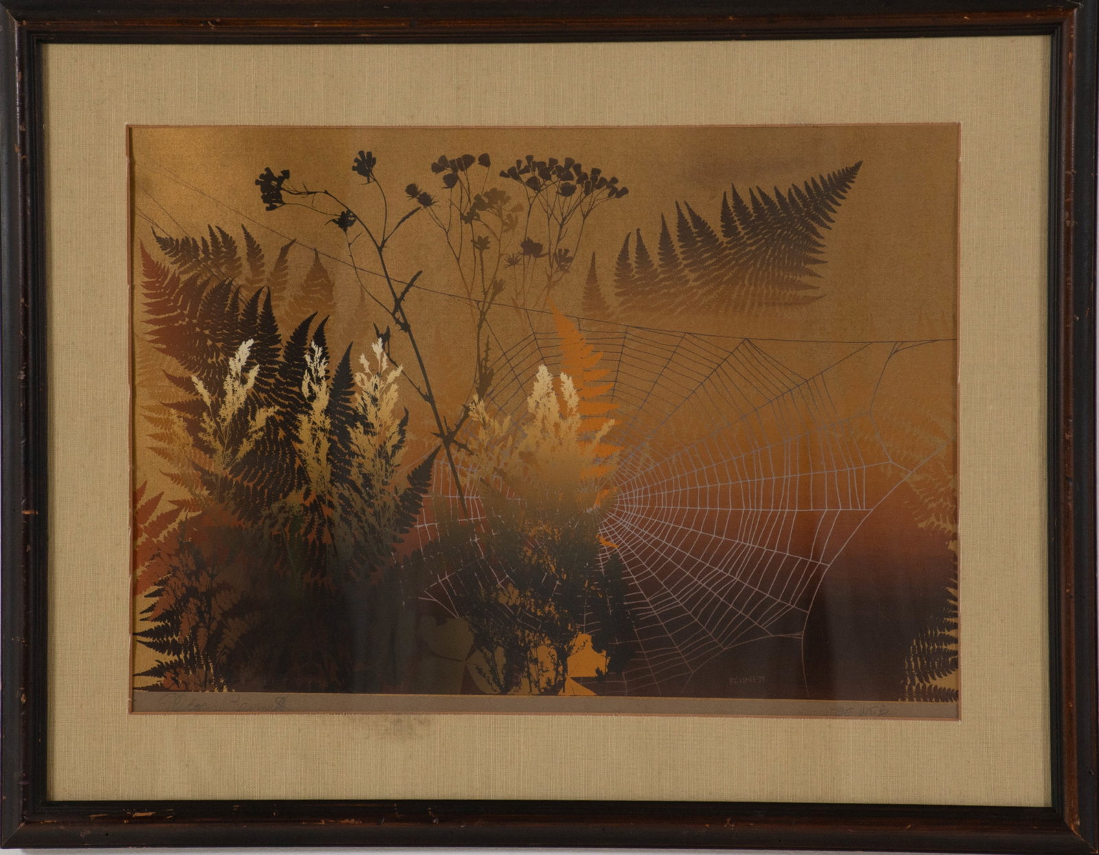 Elton Bennett, (American, 1910-1974) Serigraph: Qualifies for in-house shipping---Framed serigraph "The Web", pencil signed lower left and titled lower right, cloth covered mat and under glass in wood frame; sight 15 1/2" x 22"; frame 22 1/2" x 29