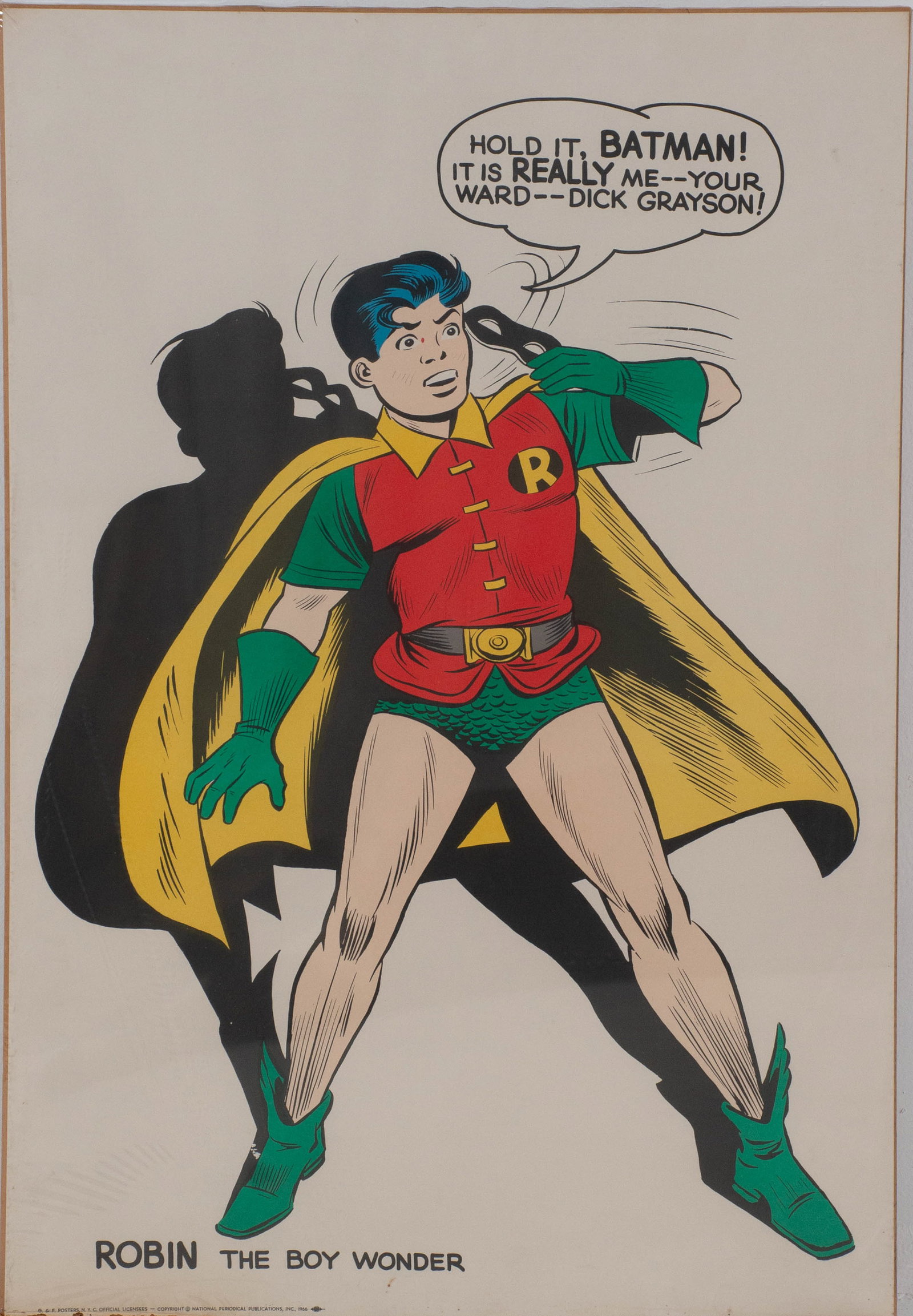 Vintage 1966 Batman - Robin the Boy Wonder Poster: Qualifies for in-house shipping---Depicting Robin declaring himself to be Dick Grayson; lower left corner "G. & F. Posters N.Y.C. Official Licensees --- Copyright ? National Periodical Publications,