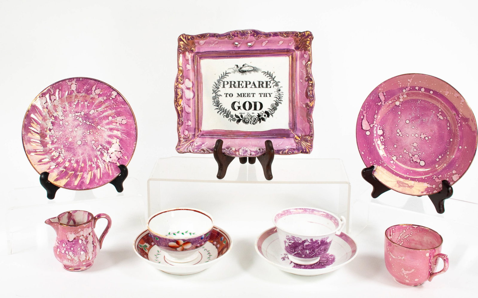 British Pink Lustre Ceramic Articles: Qualifies for in-house shipping---Sunderland rectangular plaque having black transfer-printed floral wreath with angel "Prepare / To Meet Thy / God" at center; 7 1/2"H x 8 1/4"W---Four pieces of pink 