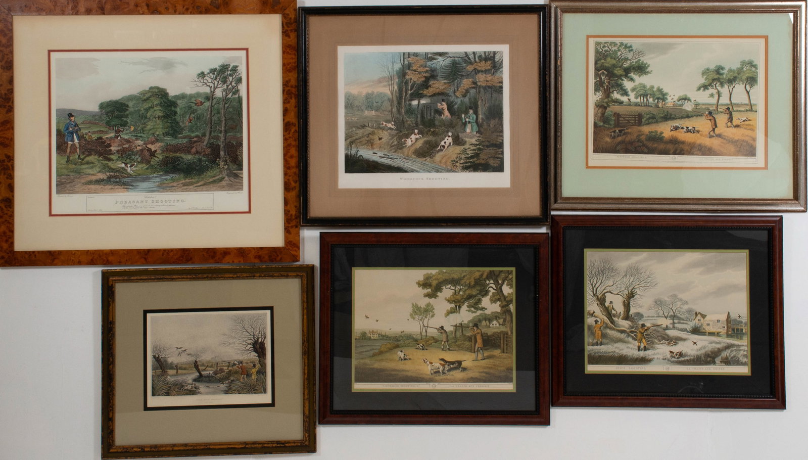 Six Framed Shooting Prints: Qualifies for in-house shipping---Including three reproductions after the originals published by Edward Orme in 1807 and painted by Samuel Howitt: "Partridge Shooting 1 / La Chasse Aux Perdrix", No.