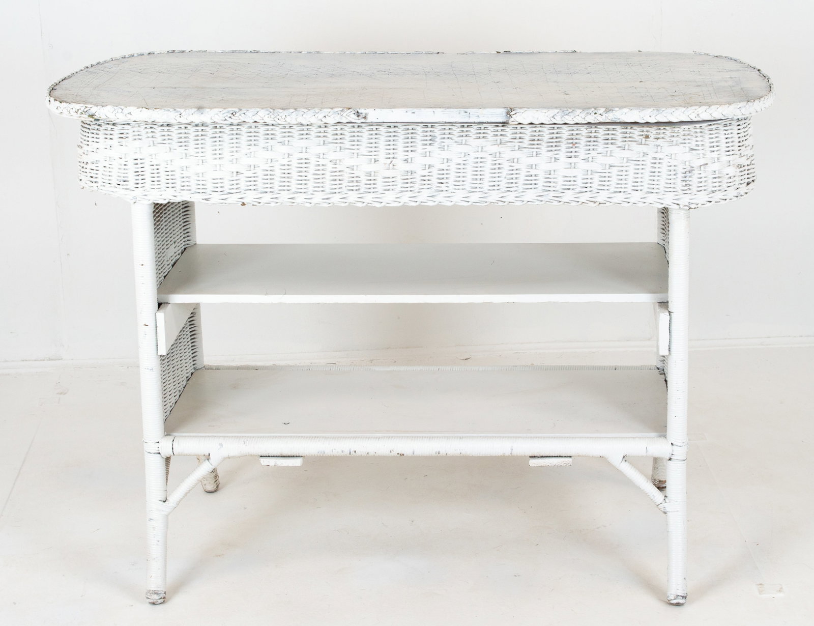 Vintage Oval Wicker Table with Two Shelves - 5