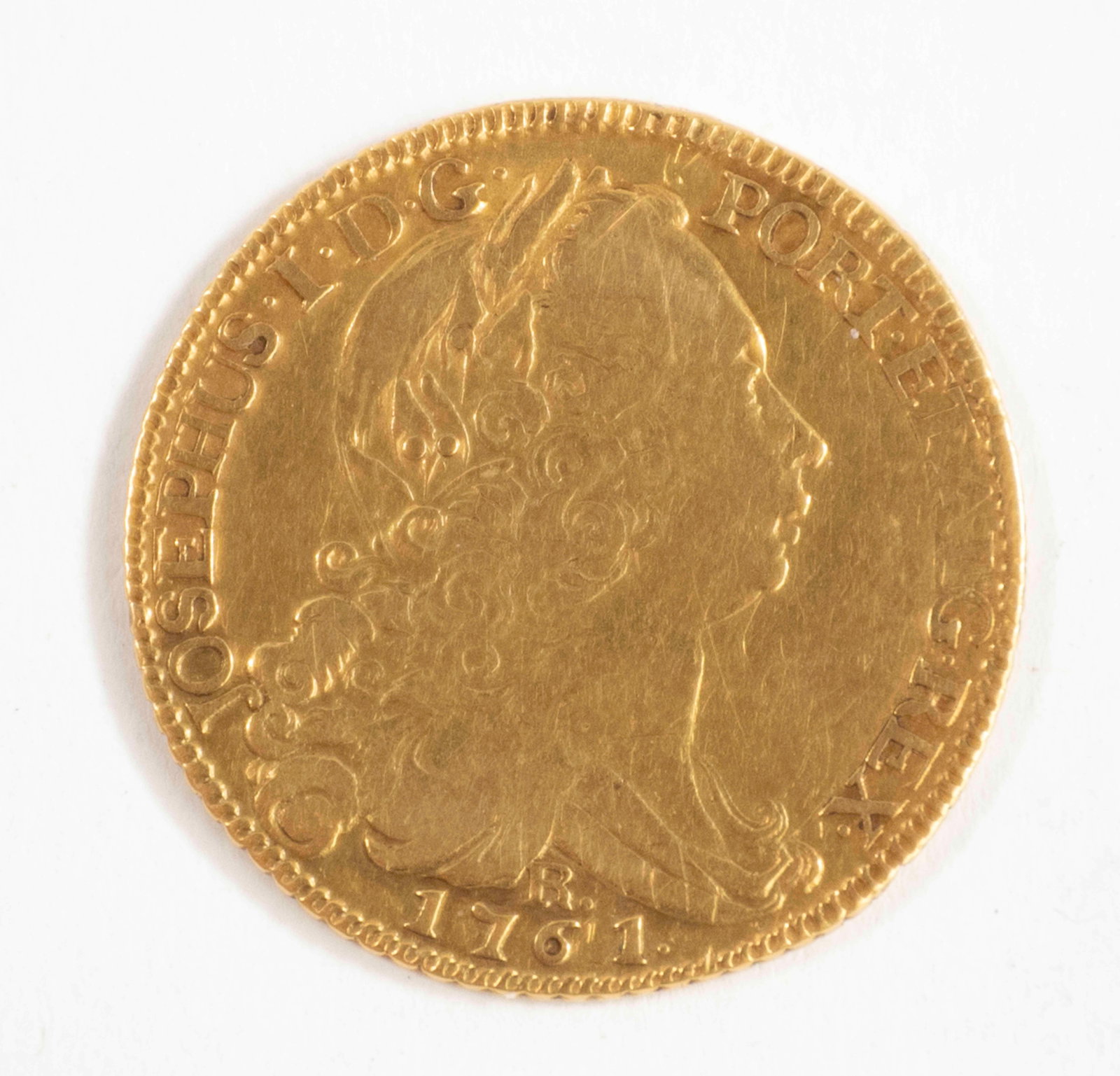 1761R Brazil Gold Coin, 6400 Reis: Qualifies for in-house shipping---Colonial Brazil, Jose I, 1761-R Gold 6400 Reis, obverse having King Jose I's crowned portrait with mint mark and date below---14.01 grams, 0.9170 fineness (Inv. 2)