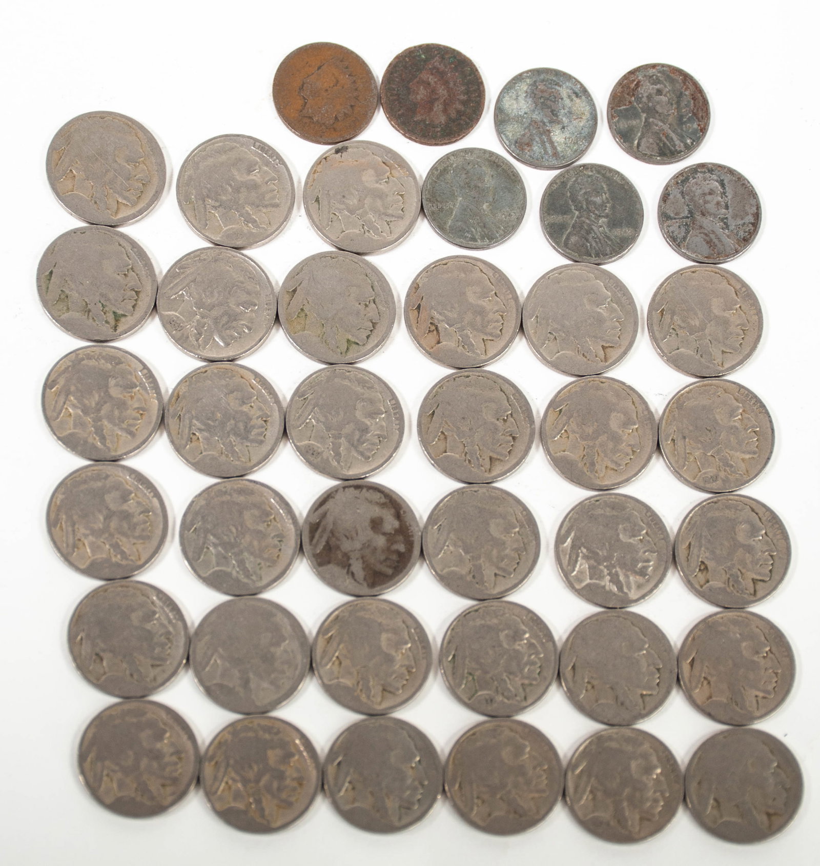 Lot of U.S. Coins: Qualifies for in-house shipping---(1) 1892 and (1) 1897 Indian Head pennies---(33) Buffalo nickels, majority with worn dates---(5) 1943 steel pennies (inv. 15)