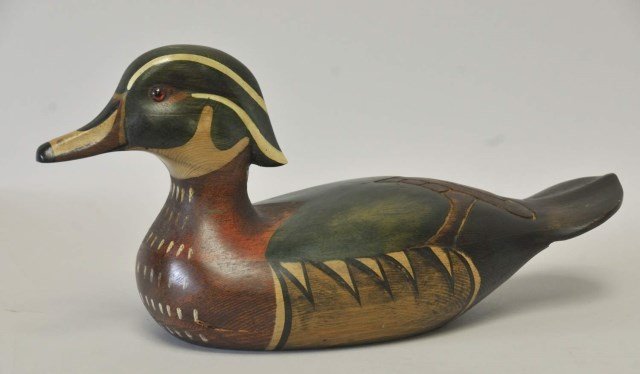 Tom Taber Duck Decoy: Woodduck drake, signed on base "Tom Taber", 14 1/2"L