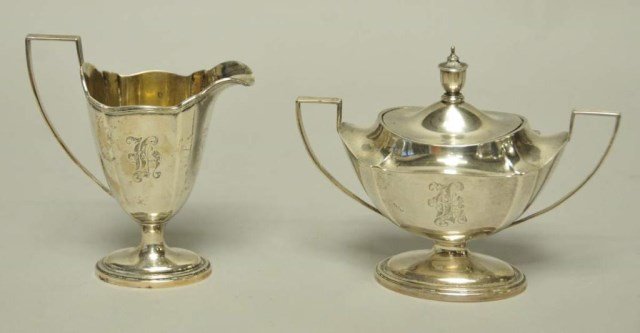 Gorham Sterling Creamer and Sugar w/ Lid: In the Plymouth pattern, creamer A2414, 5 7/8"H; sugar with lid A2413, 6"H, 7 1/2"W; both with monogram; 15.705 ozt--From the estate of Thomas A. Gandy, Society Hill, SC