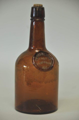 Bernheim Bros. & Uri, Louisville, KY, Bottle: Amber glass bottle with embossed seal "BERNHEIM BROS. & URI LOUISVILLE KY", c. 1888-1891 (Isaac & Bernard Bernheim established a liquor dealership in Paducah, Kentucky, in 1872. They were joined by Na