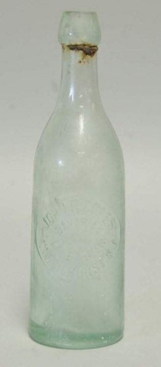 John R. Copes, Chesilhurst, NJ, Bavarian Bottle: Late 19th century cylindrical aqua glass beer bottle, embossed one side "John R. Copes / Bavarian / Lager Beer / Chesilhurst, N.J.", other side "This Bottle / Not To / Be Sold", remnants of metal stop