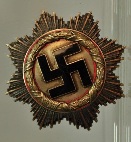 WWII Order of the German Cross in Gold: Back with four rivets and maker's mark "134" for Otto Klein stamped in center--From a private collection of over 40 years