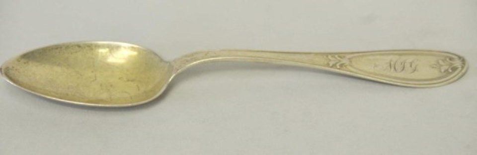 Sterling Spoon, A. H. Hayden, Charleston: Sterling silver teaspoon marked "A. H. Hayden" (Augustus H. Hayden, Charleston), "J. P. Patent 1857" and "Sterling"; olive style pattern, monogram "MI?G", 6"L--From the estate of Thomas A. Gandy, Soci