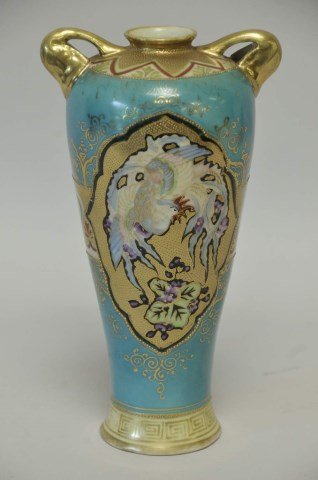 Hand Painted Nippon Vase: Large cartouches on turquoise ground, one side with phoenix bird, other with rooster; extensive gilt scrollwork and banding and gilt beading, two open gilt handles at shoulder, Greek key border at bot