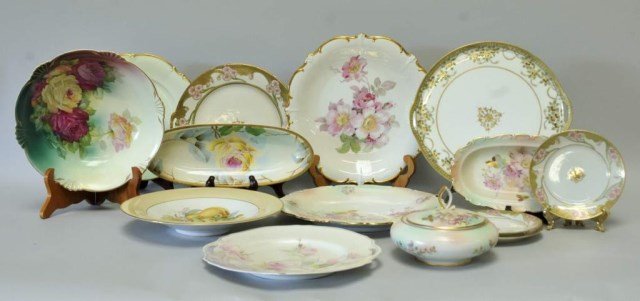 Grouping of Decorated Porcelain: 15 pieces: 1. 11 1/2" hand painted Nippon handled dessert plate decorated with floral, gilt and gilt beading; green M with wreath mark.; 2. Imperial Austria hand painted porcelain bowl with floral cen